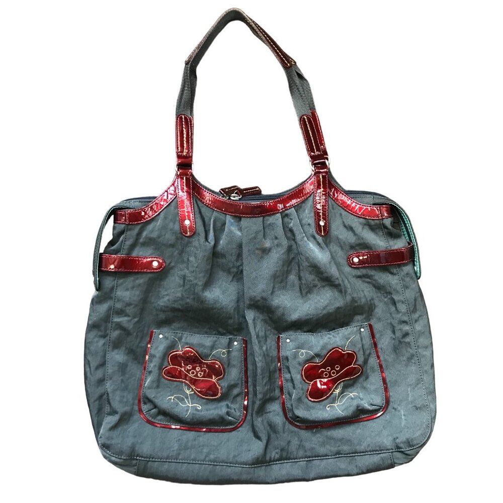 Highway Satchel Purse‎ Tote Bag Large Approximately 18" by 14" Nylon Gray, Red